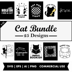 Cat SVG Bundle | 25 Designs for POD & Etsy Sellers | Commercial Use SVG PNG EPS AI | PLR & MRR Digital Download V1